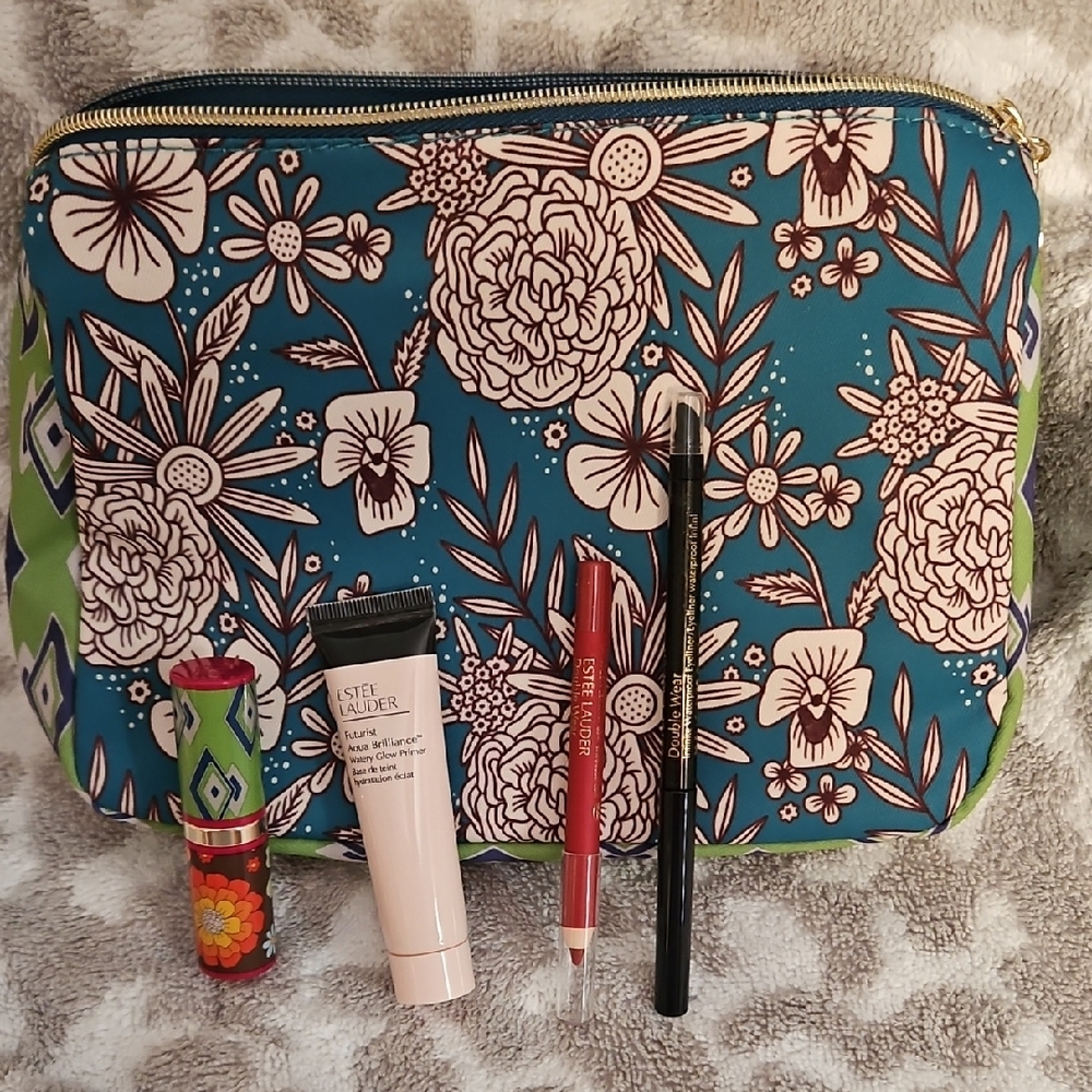NWT Estee Lauder Eco-Friendly Blue, Brown & Green Makeup Bag With Lip, Eye, Face